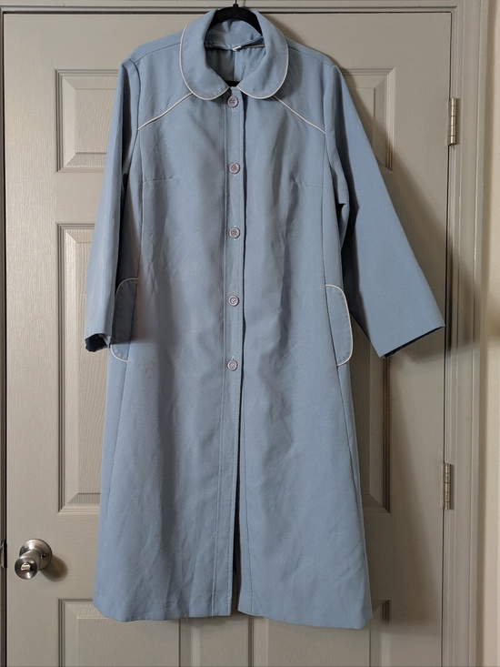 Vintage Jackets & Blazers - Vintage 60s Light Blue Button-Front Long Coat with White Piping Size Large